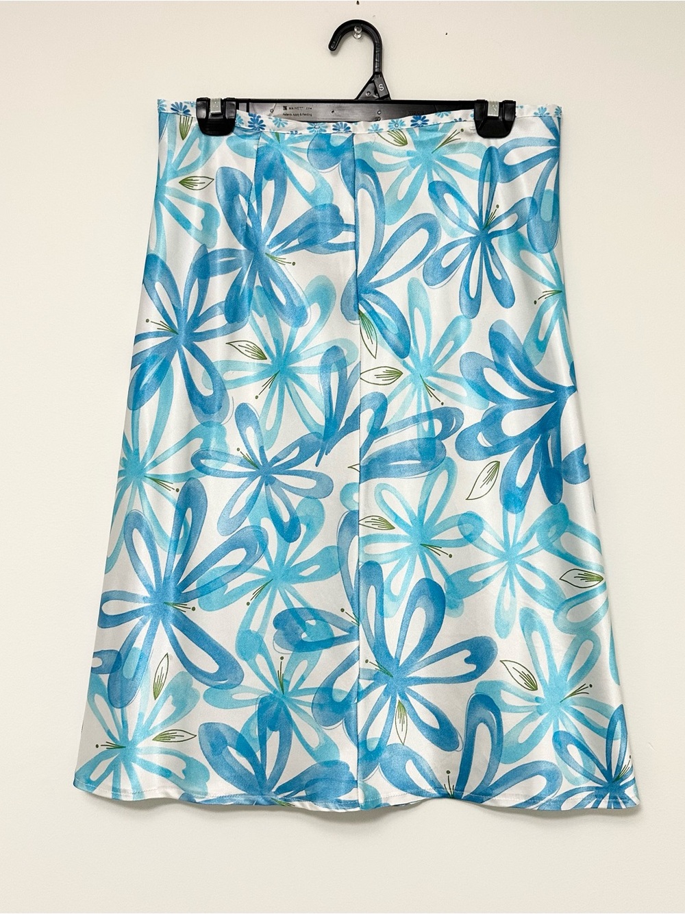 Vintage 90s Y2K United Colors of Benetton Satin Blue Floral A-Line Skirt size 10